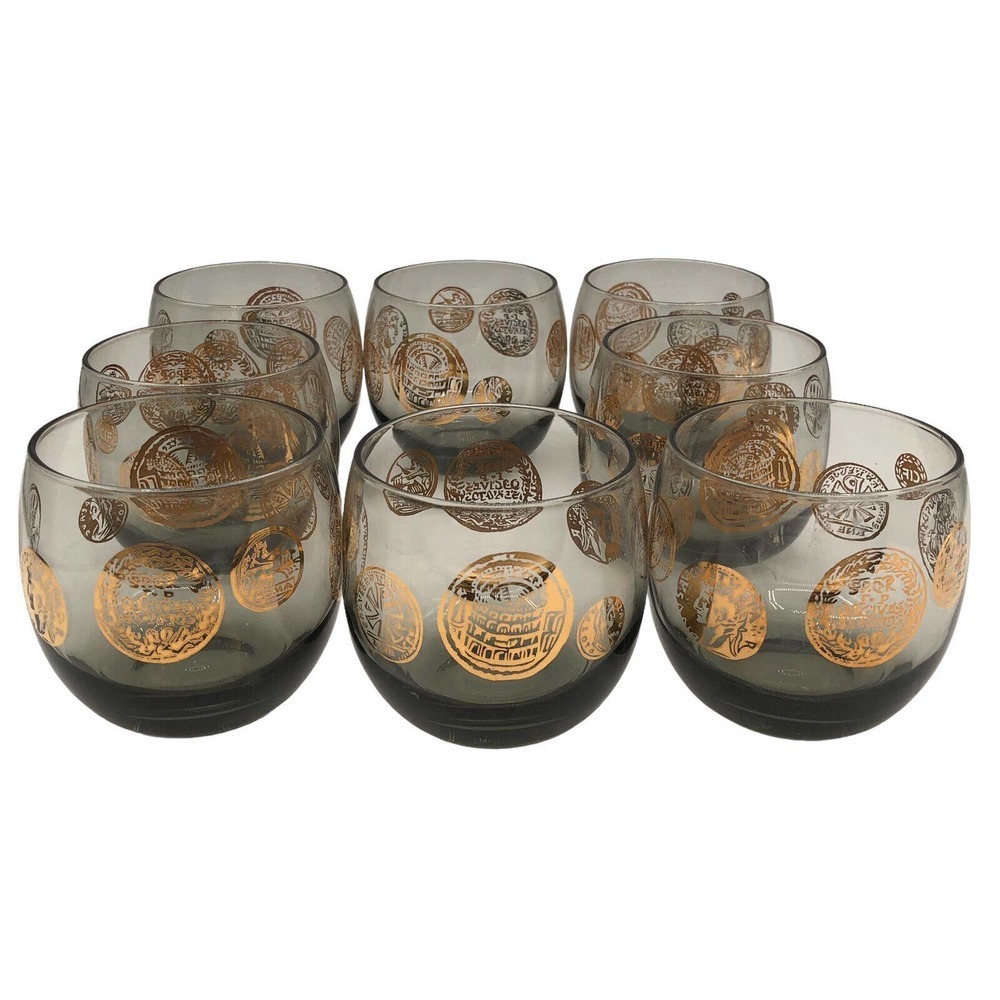 Vintage Roma Coins by FEDERAL GLASS Smoke Grey Roly Poly Barware Glass Set of 8